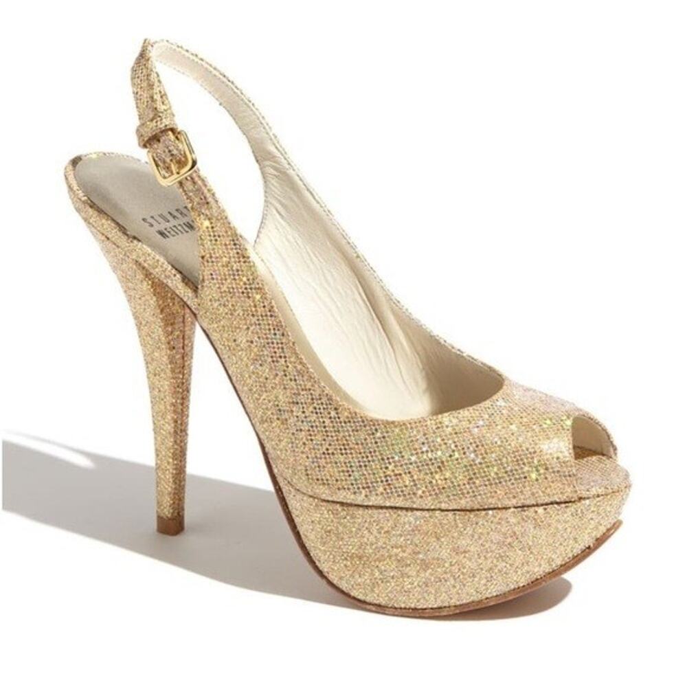 Stuart Weitzman Vevey Gold Glitter Slingback Pump Slim Heel Platform Peep 6.5 M